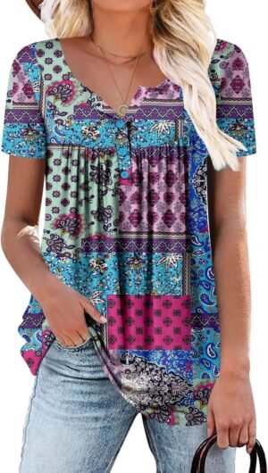 ROSELINLIN Women’s Short Sleeve Shirts Floral Summer Tops Loose Fit for Leggings