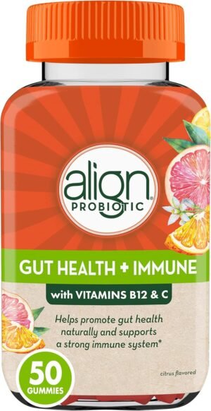 Align Probiotic, Gut Health & Immunity Support, Probiotic for Women and Men, #1 Doctor Recommended Brand, Vitamin C and B12 for Immune Support & Energy, Citrus Flavor, 50 Gummies
