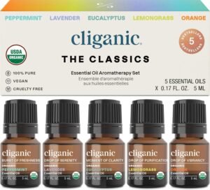 Cliganic Organic Essential Oils Set (Top 5 – The Classics) – 100% Pure Natural – Aromatherapy, Candle Making – Peppermint, Lavender, Eucalyptus, Lemongrass & Orange (Packaging May Vary)