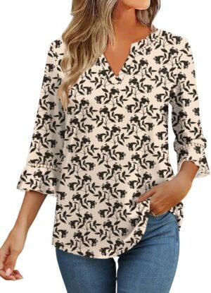3/4 Length Sleeve Womens Tops Summer Ruffle Sleeve Blouses V-Neck Lace T-Shirts Dressy Casual