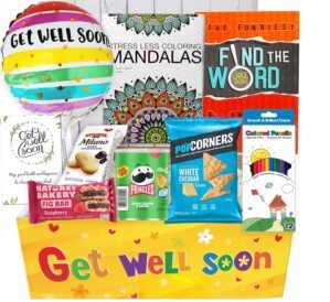 GET WELL GIFT Basket, package for Adults or kids Men, women, boy or girl Care package, Feel better soon for home or hospital, after surgery w/Balloon, candy & snacks & greeting card, Sympathy Gift