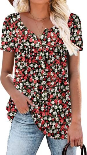 ROSELINLIN Women’s Short Sleeve Shirts Floral Summer Tops Loose Fit for Leggings