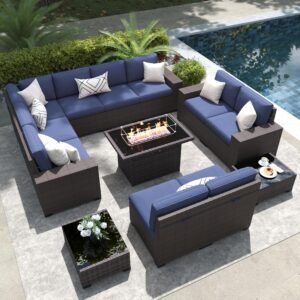 LayinSun 13 Pieces Outdoor Patio Furniture Set with 44″ Fire Pit Table Brown Rattan Sectional Sofa Conversation Sets