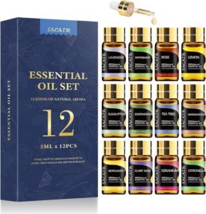 Essential Oils by SACATR Natural Essential Oil Set -12 Essential Oils Gift Set for Diffuser, Massage, Fragrance Oil Scent for DIY Candle and Soap Making (12 * 5ML)