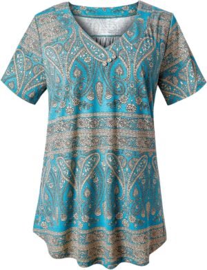 FOLUNSI Women’s Plus Size Short Sleeve Henley Shirt V Neck Floral Blouses Tunic Tops M-4XL