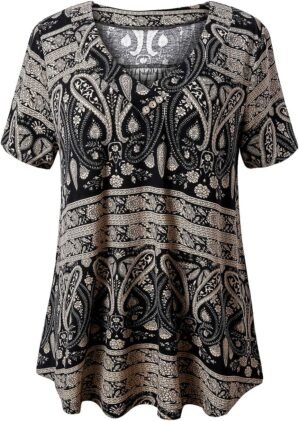 FOLUNSI Women’s Plus Size Short Sleeve Henley Shirt V Neck Floral Blouses Tunic Tops M-4XL