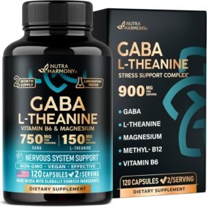 GABA L-Theanine 900 mg – Made in USA – Magnesium | Vitamin B6 – Calm, Sleep, Relaxation & Mood Support – 750 mg Gamma AminoButyric Acid, 150 mg L-Theanine – Non-Habit Forming, Vegan – 120 Capsules