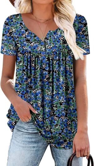 ROSELINLIN Women’s Short Sleeve Shirts Floral Summer Tops Loose Fit for Leggings