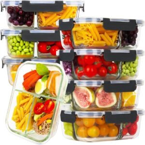 HOMBERKING 8 Pack Glass Meal Prep Containers 3 Compartment, 36oz Glass Food Storage Containers with Lids, Airtight Lunch Bento Boxes, BPA-Free & Leak Proof (8 lids & 8 Container) – Black