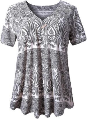 FOLUNSI Women’s Plus Size Short Sleeve Henley Shirt V Neck Floral Blouses Tunic Tops M-4XL