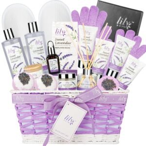 Mothers Day Gift for Mom – Relaxing 18-Piece Bath and Body Basket for Women Lavender Spa Gift Basket Set Bath Collection with Bath Bomb | Christmas, Birthday, Perfect Spa Present for Her All Occasions