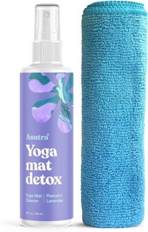 ASUTRA Yoga Mat Cleaner Spray (Peaceful Lavender), 4 fl oz – No Slippery Residue, Organic Essential Oils, Deep-Cleansing for Fitness Gear & Gym Equipment, Microfiber Towel Included
