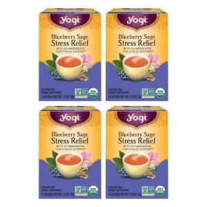 Yogi Tea Blueberry Sage Stress Relief – 16 Tea Bags per Pack (4 Packs) – Relaxing, Calming Tea to Support Stress Response – Includes Ashwagandha, Blueberry, Sage, Hibiscus & More