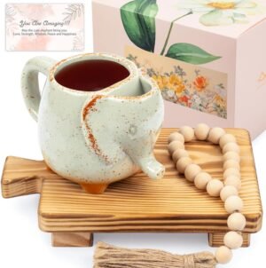 AVENTA California Designed & Packaged Self Care Gift For Women Calming, Encouragement – Aesthetic Elephant Mug Gift Set With Beads Garland & Stand For Daily Special Tea Ritural – Modern Light Brown