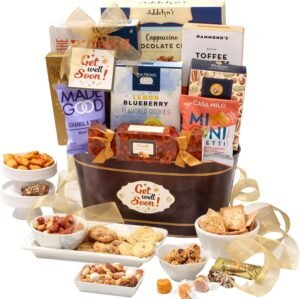 Broadway Basketeers Get Well Soon Care Package Gift Basket. Send Your Get Well Wishes With This Beautiful Display Basket Enjoy the Large Assortment of Sweets and Savory,Perfect for Mom, Dad, & Friends
