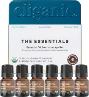 Cliganic Organic Aromatherapy Essential Oils Set (Top 6 – The Essentials), 100% Pure Natural – Peppermint, Lavender, Eucalyptus, Tea Tree, Lemongrass & Orange (Packaging May Vary)