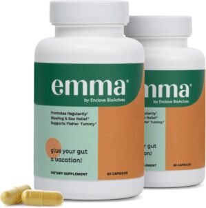 Emma Gut Health – 2 Pack – Gas and Bloating Relief, Constipation, Leaky Gut Repair – Gut Cleanse & Restore Digestion – Regulate Bowel Movement. Probiotics and Laxative Alternative, 120 Capsules