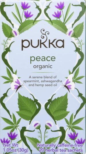 Pukka Organic Peace Herbal Tea with Spearmint, Ashwagandha, and Hemp Seed Oil, Caffeine Free, 20 Total Tea Bags