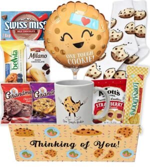 Get well Soon, One Tough Cookie Gift Basket, Care package Snack Box w/Cookie, Balloon, Mugs & Socks Feel better son for Adults teenagers or kids, Original unique gift box
