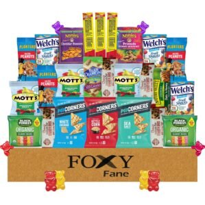 Foxy Fane 25 count Healthy Snack Box – Premium Holiday, Christmas & New Year Gift Care Package with Variety of Nuts, Crackers, Bars & more – Bulk Bundle of Delicious Treats (Variety Pack of 25 Snacks)