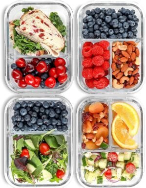 FIT Strong & Healthy Glass Meal Prep Containers, 2 & 3 Compartments – Portion Control, Lunch Container Set, Food Storage, Airtight Lids, Oven & Freezer Safe, Leak-Proof Bento Box, 32 oz, Blue, 4 Pack