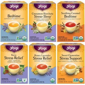 Yogi Tea Stress Relief & Herbal Variety Sampler – 16 Bags per Pack (6 Packs) – Organic Herbal Tea Sampler – Includes Bedtime, Kava Stress Relief, Soothing Caramel Bedtime & More