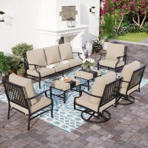 7 Piece Outdoor Patio Furniture Sets Metal Modern Outoor Patio Conversation Set with 5.75″ Extra Thick Cushion for Deck Backyard