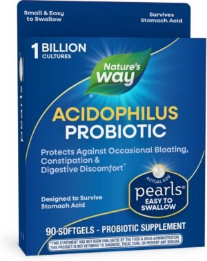 Nature’s Way Acidophilus Probiotic Pearls, Supports Digestive Balance and Gut Health*, Protects Against Occasional Constipation and Bloating*, 1 Billion Live Cultures, 90 Softgels (Packaging May Vary)